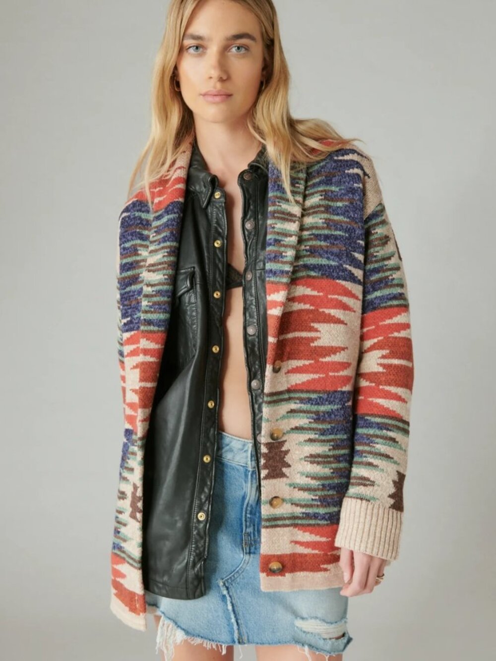 Lucky Brand Southwestern Aztec Geometric Cotton Cardigan Sweater